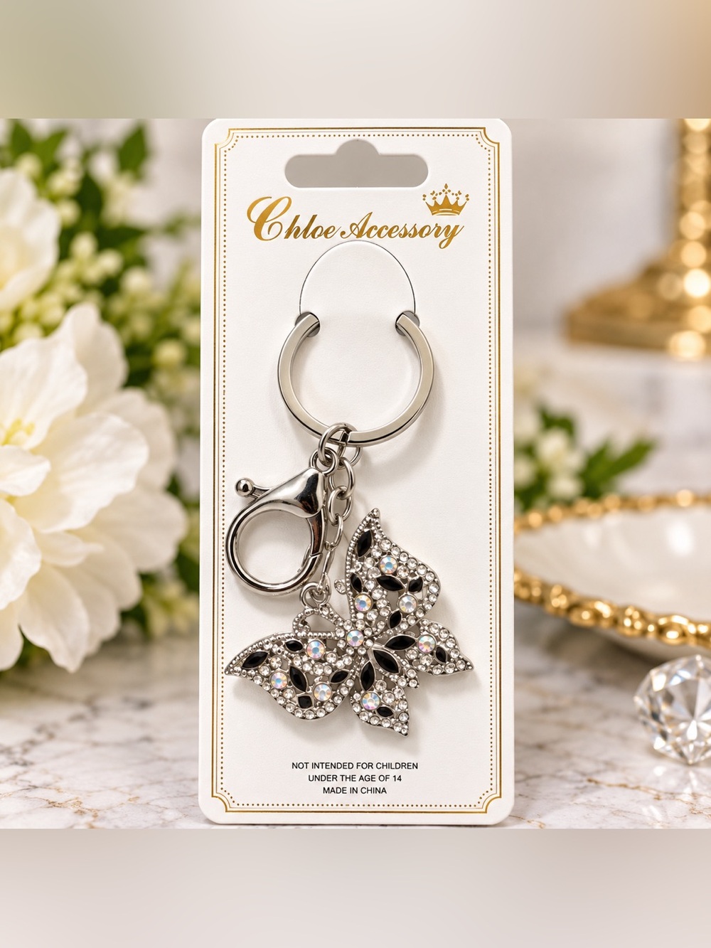 Chloe Accessory NWT Silver Black Rhinestone Butterfly Keychain Bag Charm